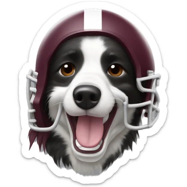 Border collie, crying, wearing an A&M football helmet sticker