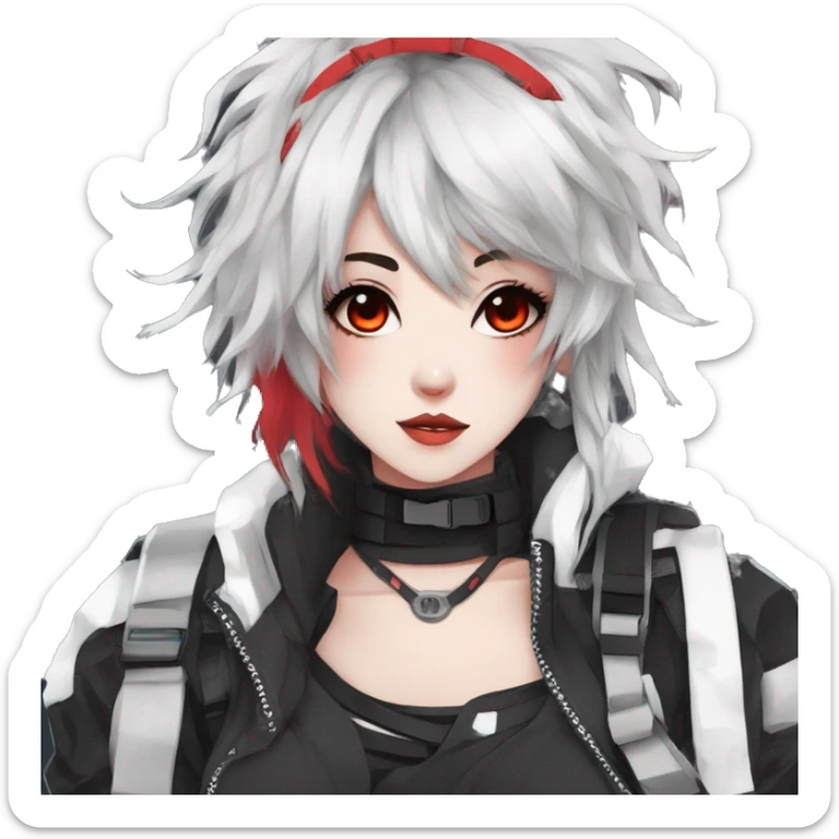 Gorgeous techwear anime style lady with blushing face aesthetic and pretty edgy black red white punk messy hair with collar and harness trending style sticker
