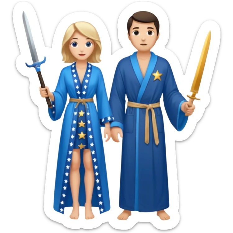 An upright Europe (a tall woman), wearing a blue, flowing robe with stars on the hem. In the background stands a man, with a knife sticker