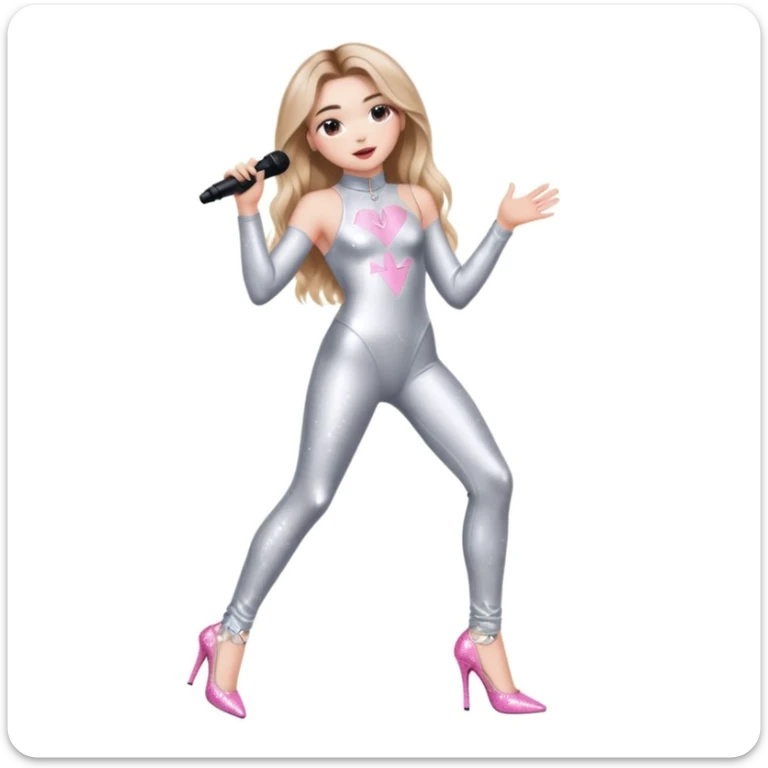 Sabrina carpenter singing at a concert wearing a silver bodysuit with kiss marks all over it  pink sparkle heels.  stage setting is very lit up with white stairs and confetti  sticker