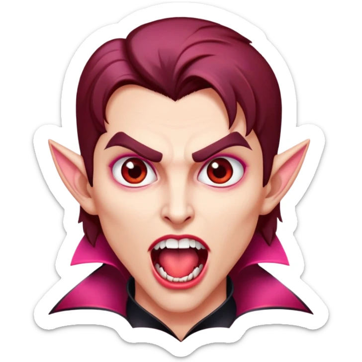 Uma vampira, com a boca aberta mostrando os caninos afiados. Olhos castanhos, cabelo com mechas vermelhas quase rosa. Rosto oval, tom de pele parda. sticker