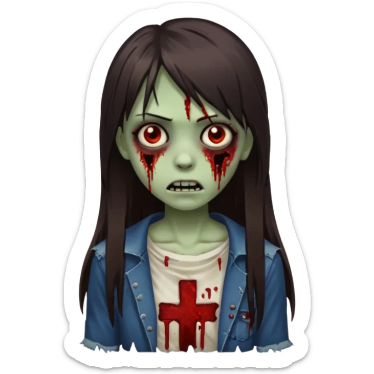 girl zombie with long dark brown straight hair with side bangs sticker