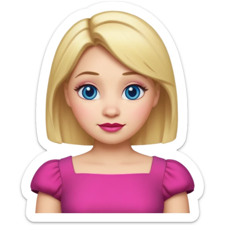 "Create an emoji-style character of Doris from Shrek — the tall barmaid with short blonde hair, bold makeup (blue eyeshadow, red lipstick), and a pink dress. Make her look confident and friendly, with a cartoonish round face and expressive emoji-like features. sticker