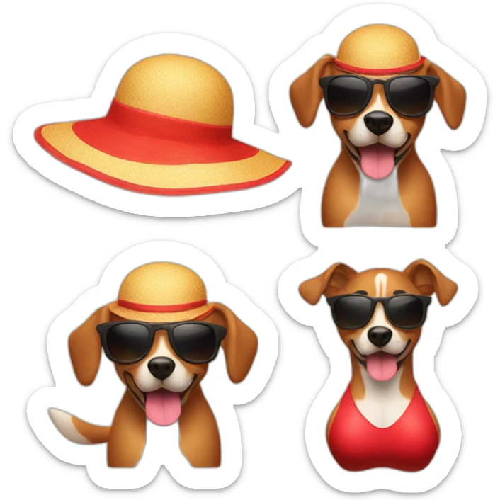 A dog wearing a little red bikini with the sun in the background, on a beach, sunglasses, sun hat, in the style of an Apple Memoji  sticker