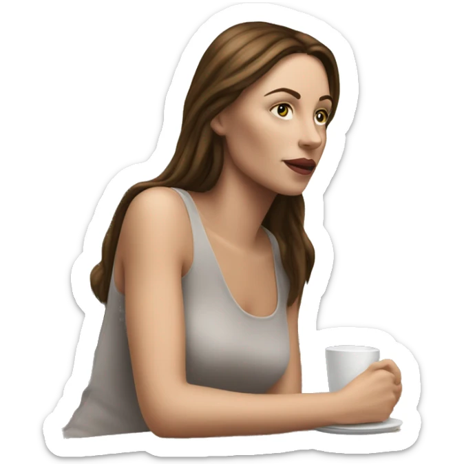 Side view realistic posh brown straight haired pale woman sits at the coffee table sticker
