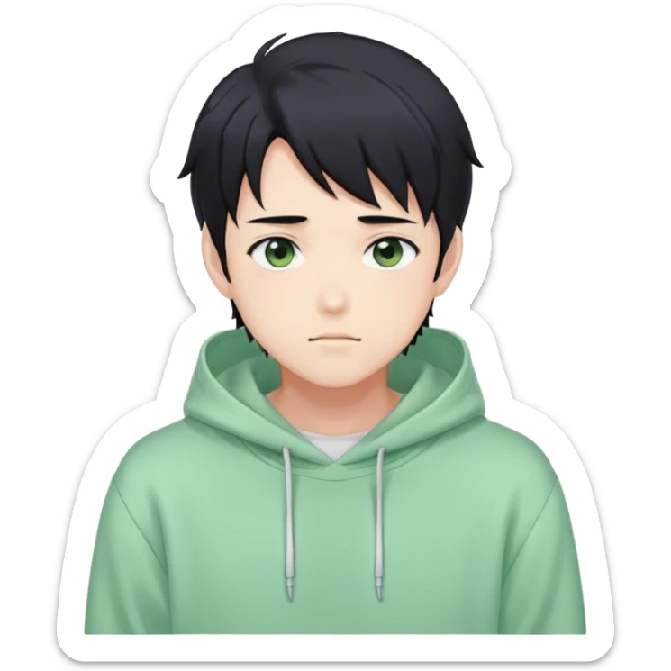 Gorgeous pastel green sweater black hair anime style shojo guy with blushing face and, hoodie, aesthetic, young adult, trending style outside  sticker