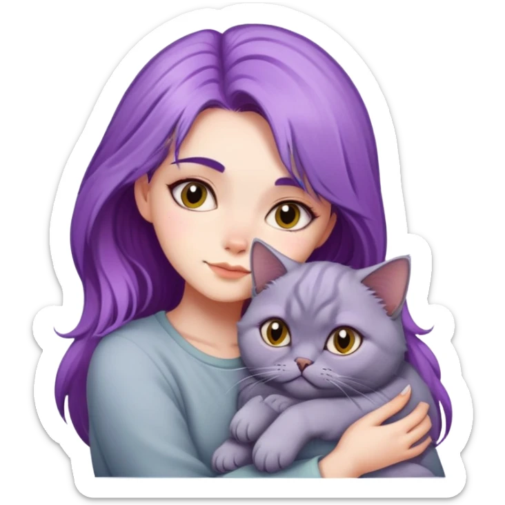 Purple haired girl snuggling grey Persian catemoji sticker
