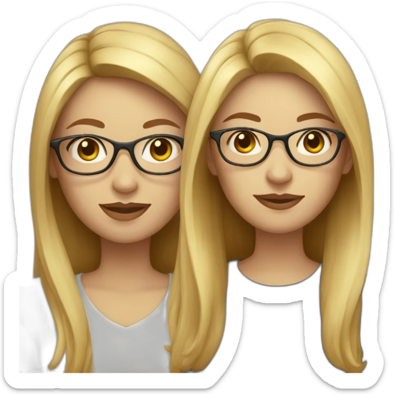 Two women. First woman with blond half lang hair, glasses and fair skin. Second woman with long brown hair and fair skin sticker