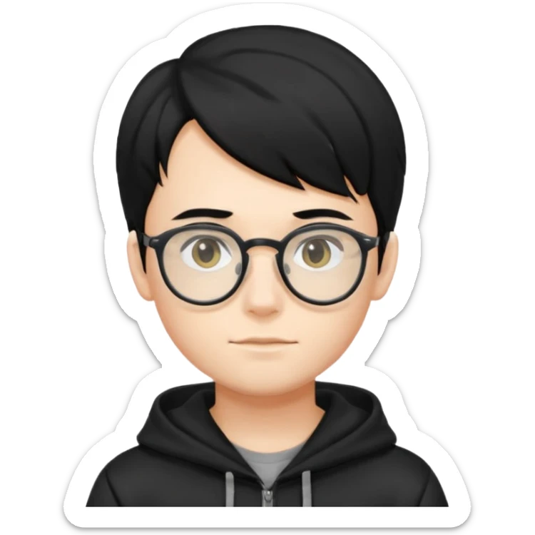 Boy with black hair and black hoodie and clear glasses  sticker