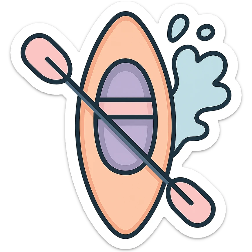 cute rowing kayak with paddle, top view, kayak with a small splash of water, detailed shading, thin clean outlines, soft rounded features, pastel palette #98B5BC #B5B3C1 #C9A3C9 #E4C0CA #F7DCD1 #F7C0AA, Japanese pop art, sticker look, highly detailed, vector clarity, soft lighting, subtle shadows, transparent background sticker