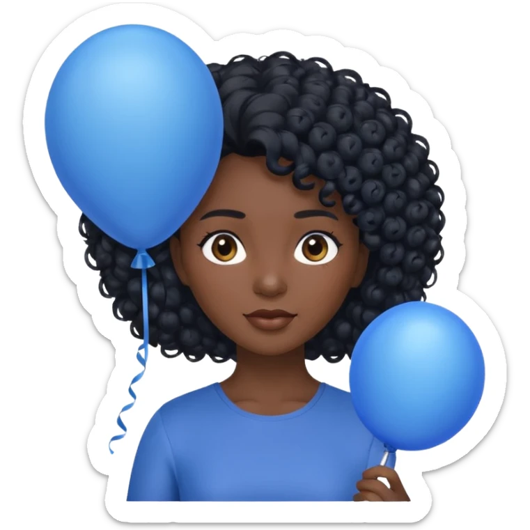 woman with curly black hair and dark face, holding blue balloon sticker