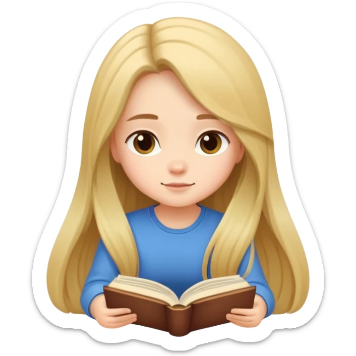 A cute girl with long hair sitting comfortably reading an open book sticker