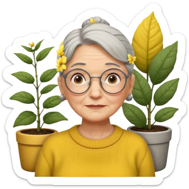 Abuela con arrugas, cabello canoso blanco en moño, expresión tierna, gafas redondas, suéter amarillo y detalles relacionados con plantas. Estilo amable y acogedor. sticker