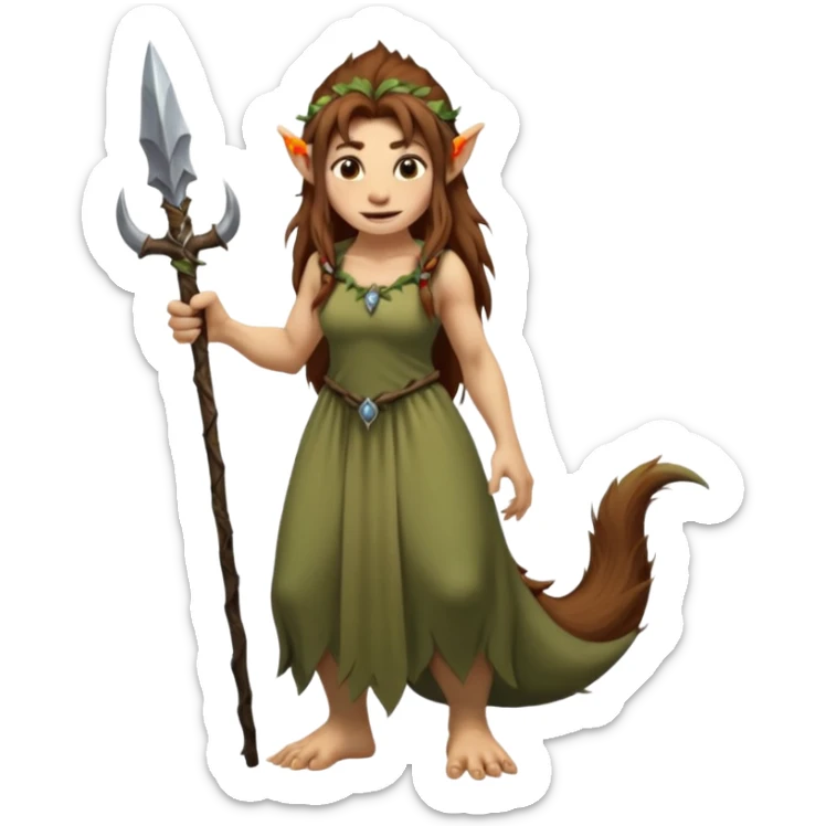 Norwegian forest mountain troll lady, Huldra, brown beautiful hair, pointy ears, long dress, long tufted tail, sharp teeth (full body) sticker