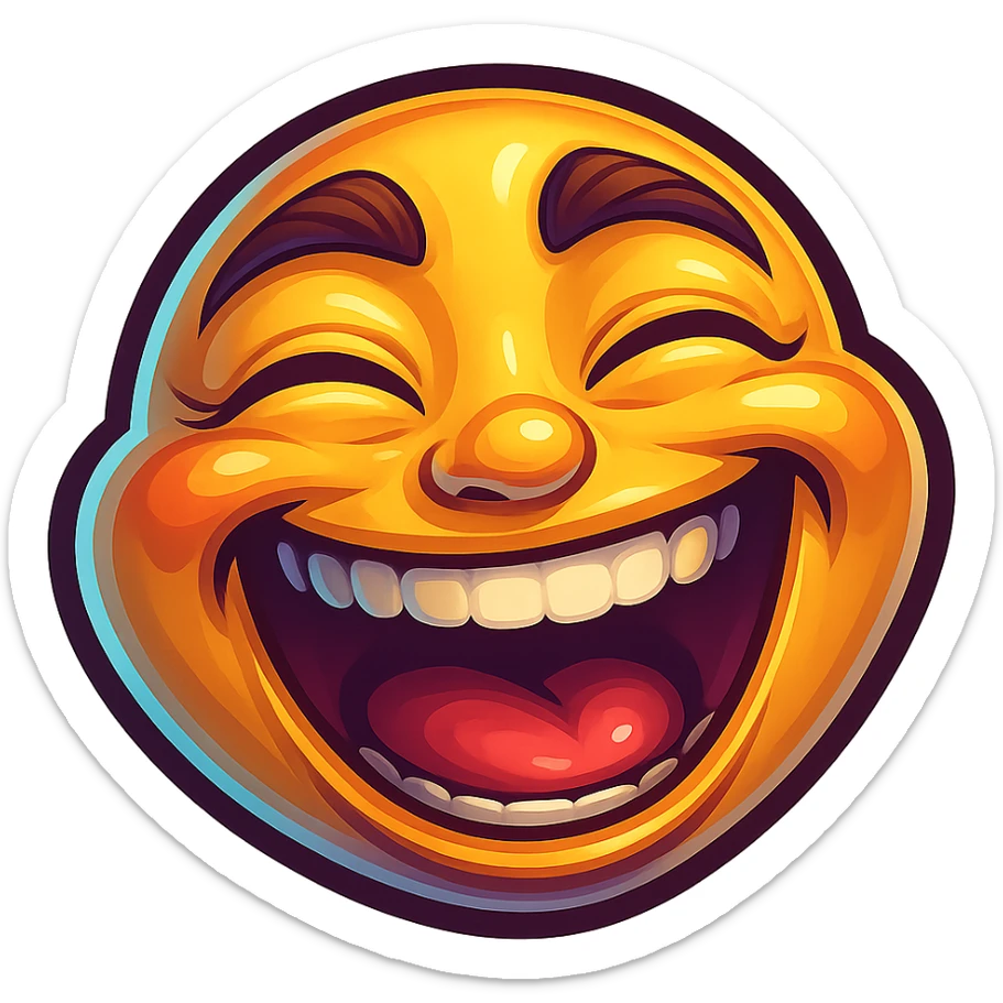 Create a cartoon sticker with a laughing expression in the style of Flux Pro, with a transparent background. The style should reflect the vibrant and detailed characteristics of Flux Pro style. sticker