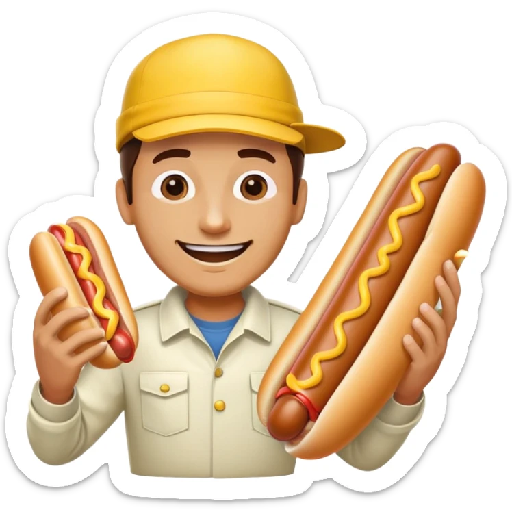 man wearing a yellow hat and jumpsuit eating a giant hot dog sticker