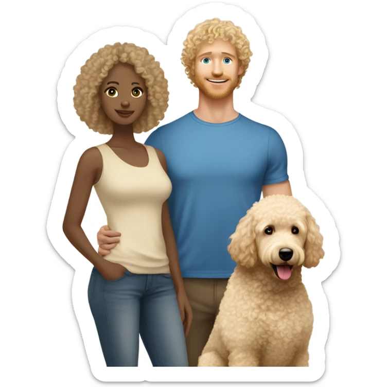 Biracial male with curly short Afro holding a beige golden doodle standing next to a Caucasian blonde hair lady with blue eyes  sticker