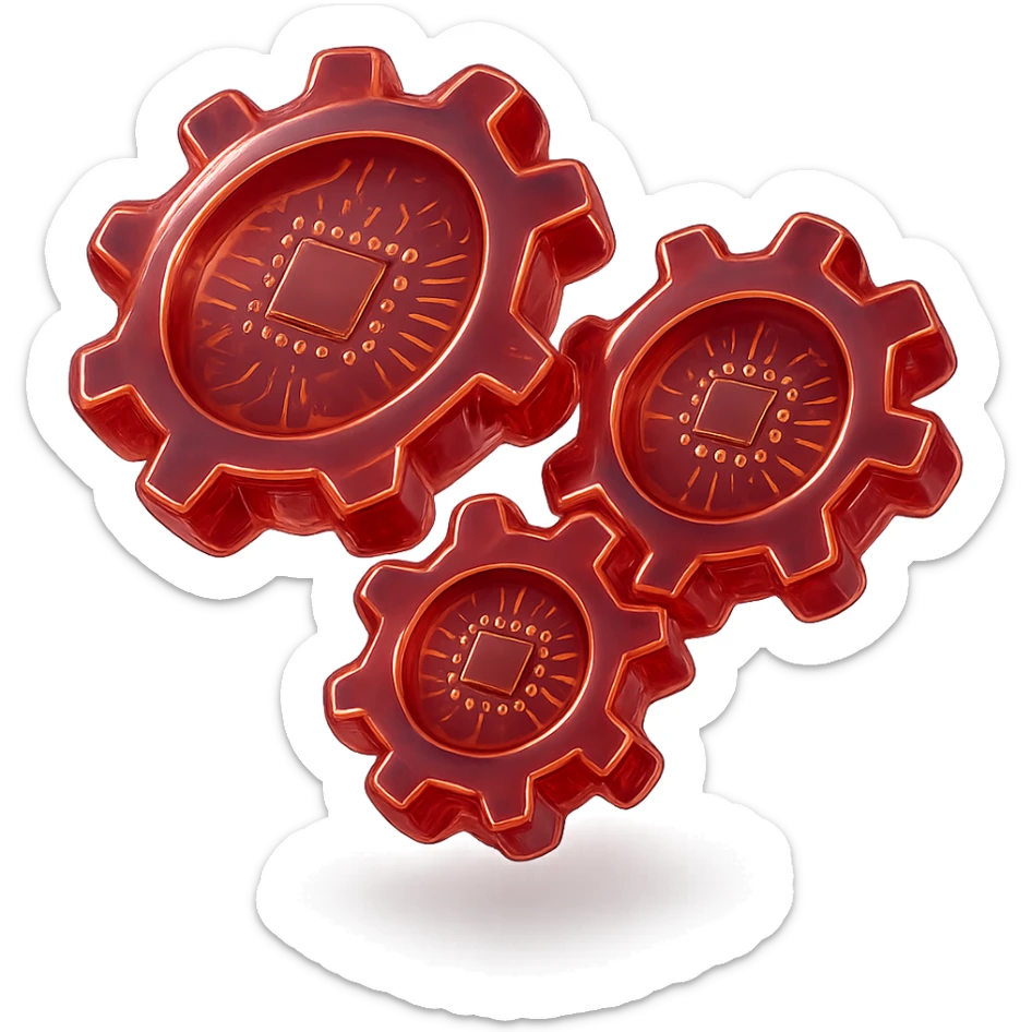 Make the set of three round gears shiny and metallic in glossy circuit style, all in red color, with no background. sticker