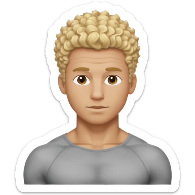 Athletic man with blond curly hair only on the top, straight on sides, thick neck, high top fade with no part, no shirt and show abs sticker