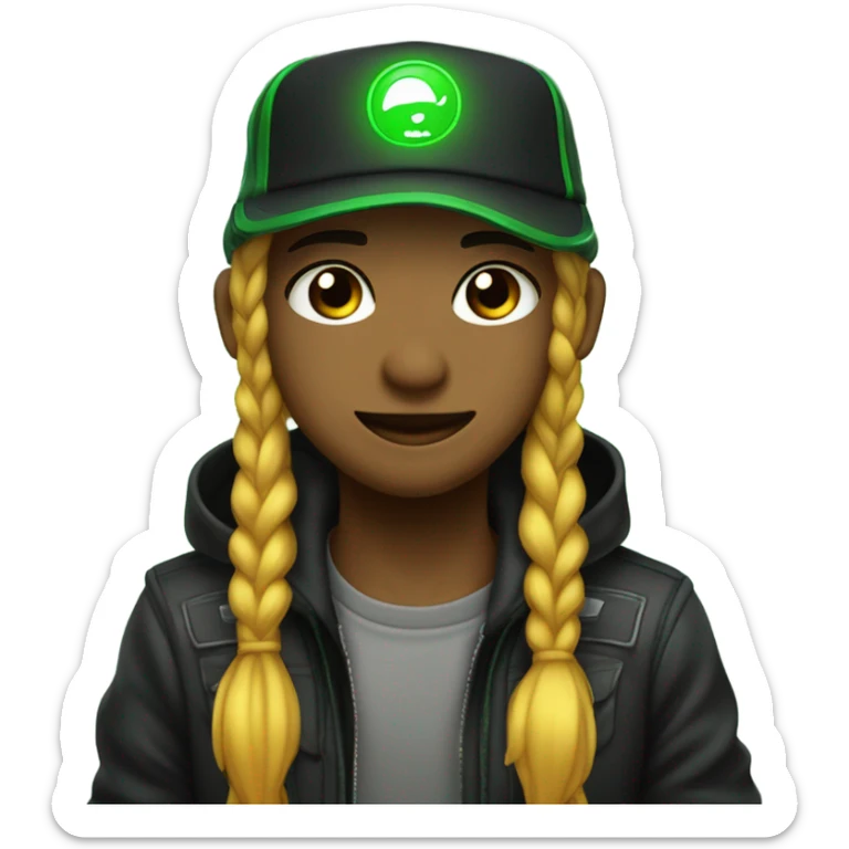 Anime con gorra negra y bordes verdes de neon, fondo transp sticker