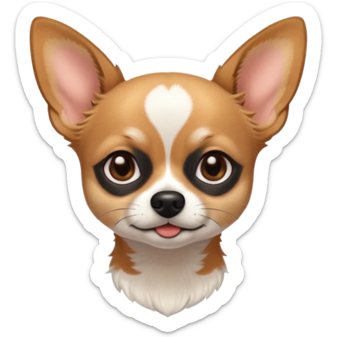 Chihuahua with white black fur on the forehead and a brown snout with a black nose sticker