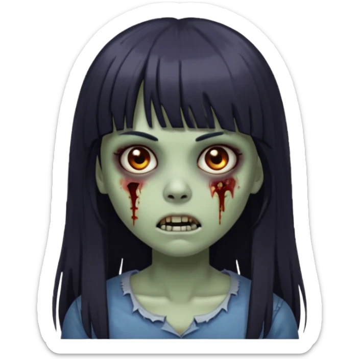 Emoji de guria zombie com cabelo longo, escuro e liso com franja, olhos escuros e boca pequena. sticker