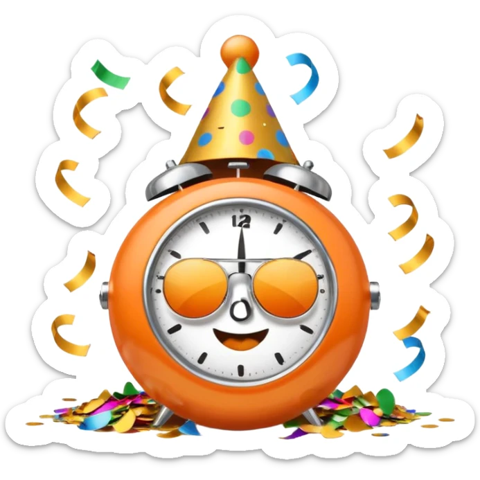 alarm clock, sunset MORE SUNSET PARTY. Don't put a person there. Default emoji face. Add sunglassess and party thingy and confetti sticker