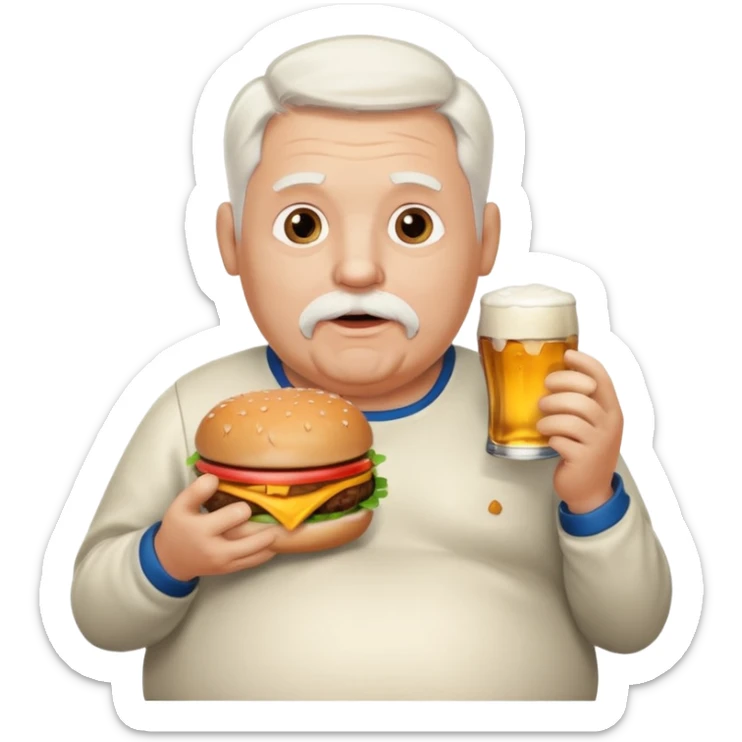 Old white male with white hair with a goatee and beer belly eating a hamburger  sticker