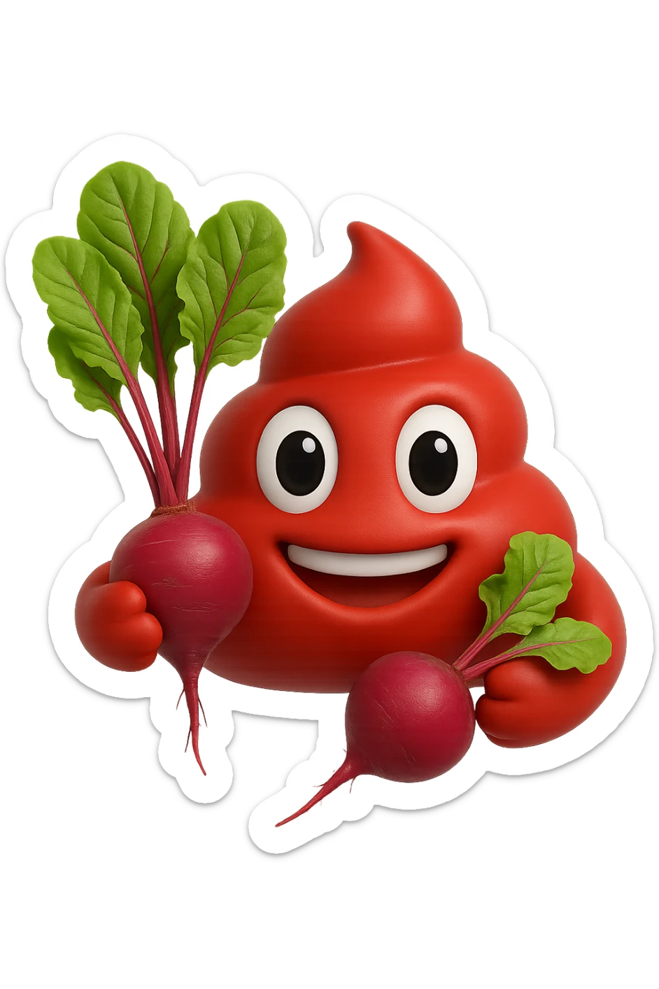 emoji stile iphone 3d di una cacca rossa con barbabietole in mano, iperrealistiche 4k sticker