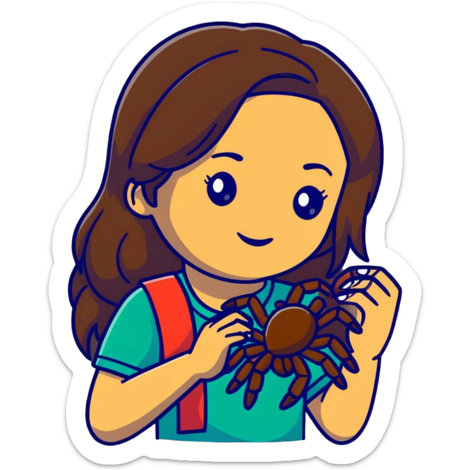 Ridiculously Attractive and athletic Mexican woman in her 20s with long dark brown hair with blonde highlights, with a tarantula sticker