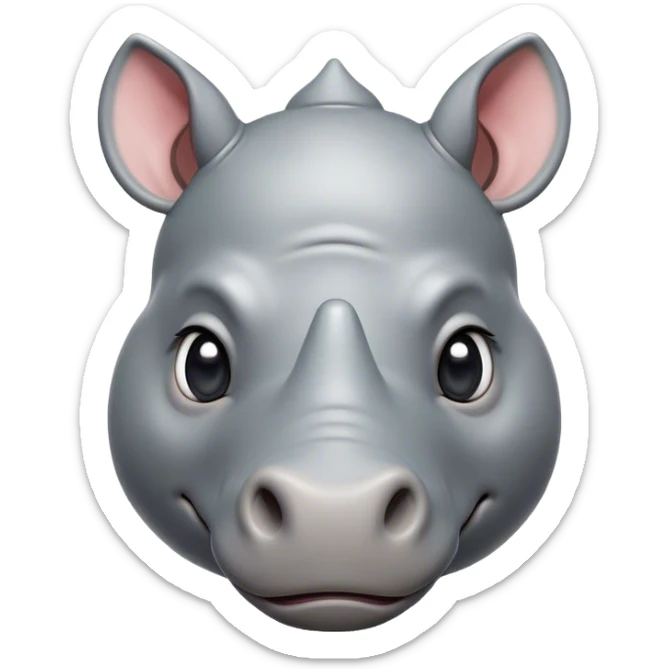 Cinematic Cute Rhinoceros Portrait Emoji, Head tilted playfully and inquisitively, featuring a rugged, glossy slate-gray hide with a gentle, rounded horn and round, sparkling eyes filled with curious wonder, Simplified yet irresistibly adorable features, highly detailed, glowing with a warm, friendly glow, high shine, affectionate and mighty, stylized with a touch of ancient charm, bright and endearing, soft glowing outline, capturing the essence of a mischievous yet loving rhinoceros, so playful it feels like it could stomp out of the screen and into your arms! sticker