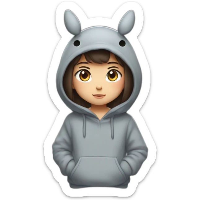Fille Brune avec un sweat-capuche Totoro avec les couleurs de Totoro sur ventre  sticker