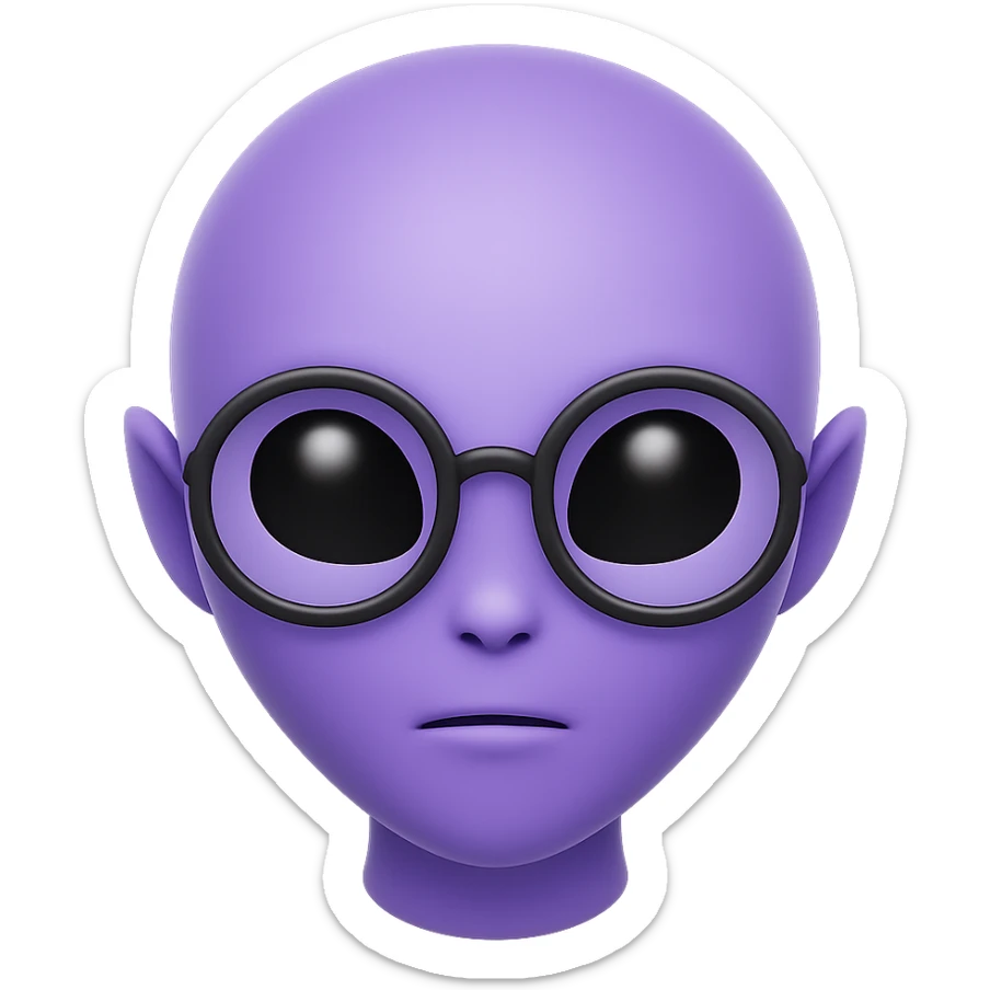 Create an alien with glasses in Apple emoji style with purple skin and no background. The style should mimic Apple emojis. sticker