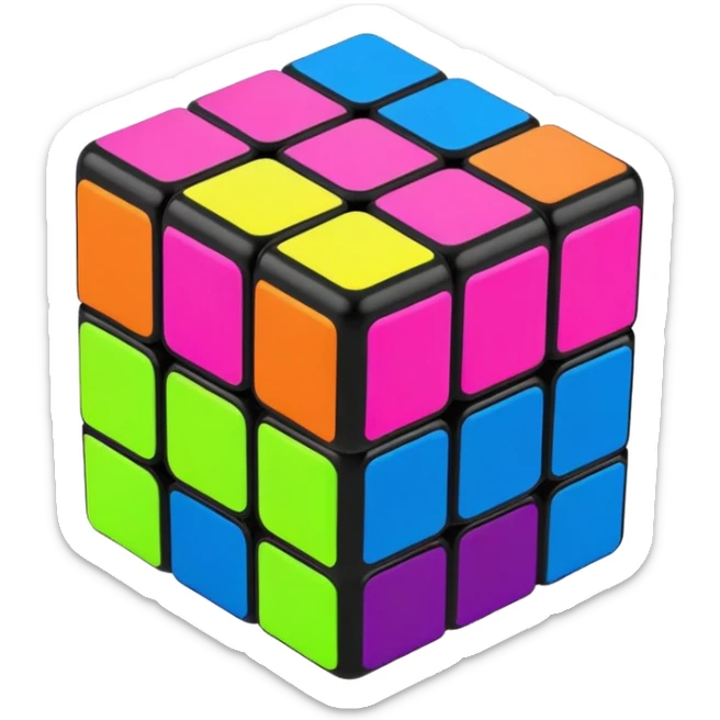 A 3x3 Rubik's Cube with neon bright colors: electric blue, hot pink, neon green, neon yellow, neon orange, bright purple, minimalist iOS emoji style sticker