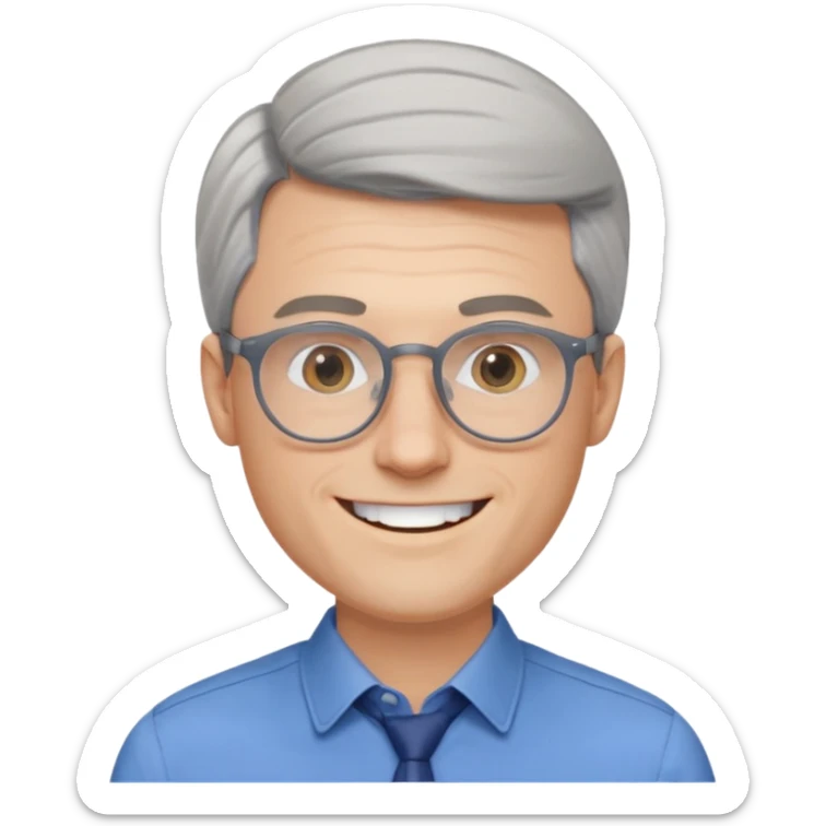 30 yr old pale white man, grey side swept hair, round glasses, big smile, white teeth, handsome, longer hair, thin glasses, blue dress shirt sticker