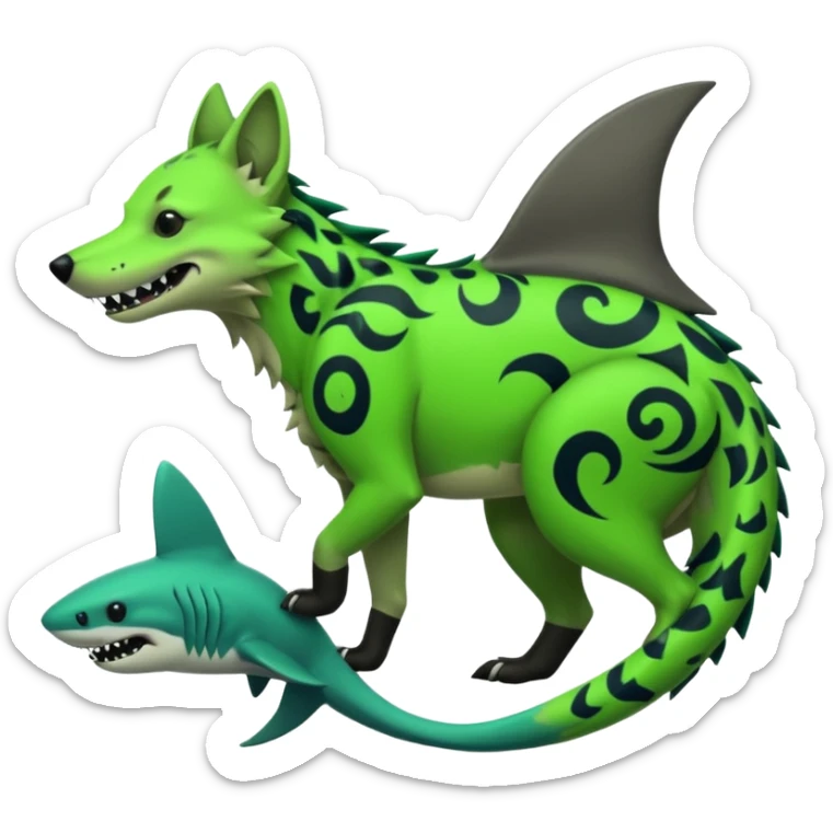 Edgy cool badass Neon-green landhai-sergal-dingo-hyena, with a shark tail, with black and dark-green swirly patterns markings sticker