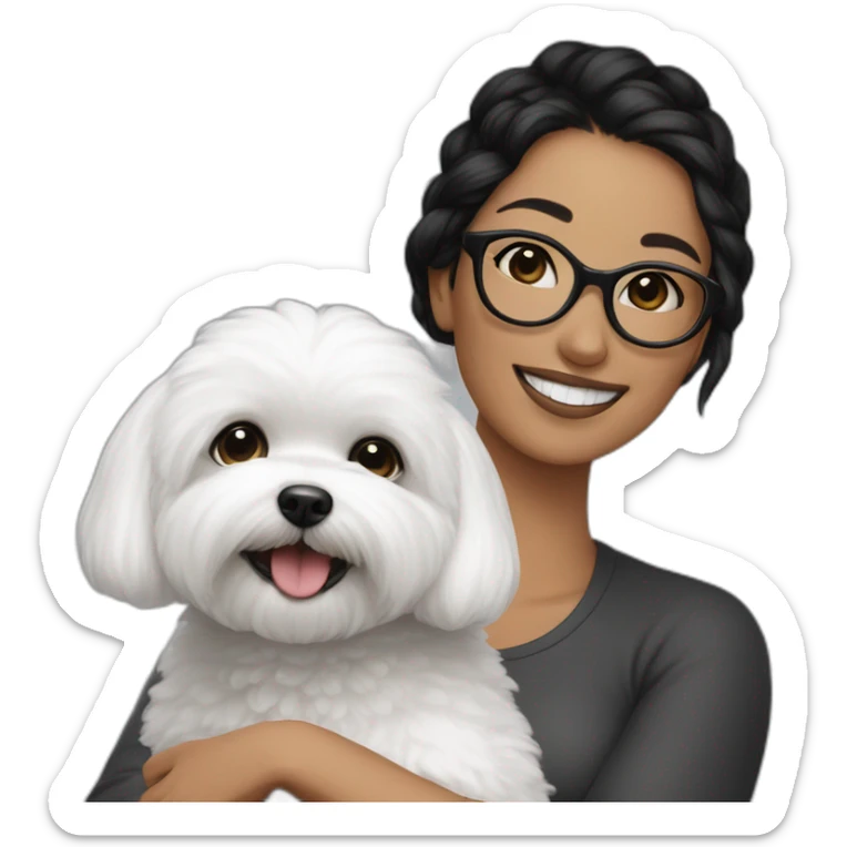 woman-black hair-bun-with glasses-with bichon dog-white-smile sticker