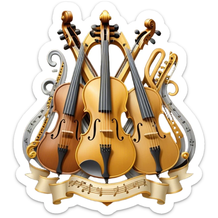 Create a sophisticated, festive, and professional emoji collage resembling a coat of arms, symbolizing string instruments. The design should feature several string instruments, such as a violin, cello, guitar, and harp, arranged in an elegant, balanced composition. Each instrument's neck (fingerboard) should intertwine with flowing musical notes, forming a ribbon-like structure that weaves through the instruments. The strings of the instruments should be emphasized, creating a dynamic and elegant effect. Use rich gold and silver accents to highlight the professional quality of the instruments, with deep wooden tones for the body of each instrument. Surround the instruments with a subtle border, resembling a heraldic crest, and add small decorative elements like laurel leaves or subtle flourishes. The background should be transparent to keep the design clean and polished. sticker