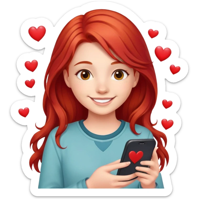 smiling student girl with red hair phone and like hearts sticker