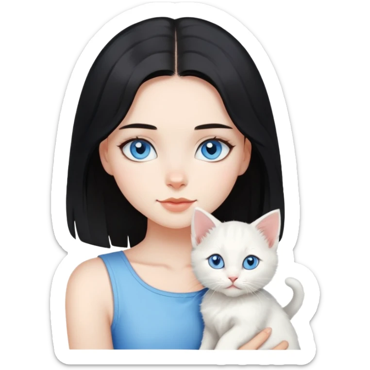 Chica con pelo negro hasta los hombros con gatito blanco con ojos celestes  sticker