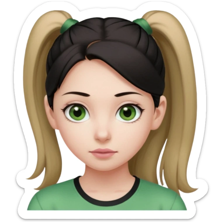 create an emoji of a young woman. She has a kind look, with long light brown hair in a single ponytail with a black hair tie, dark green eyes, pale skin, natural soft pink lips. she wears a green y2k top sticker