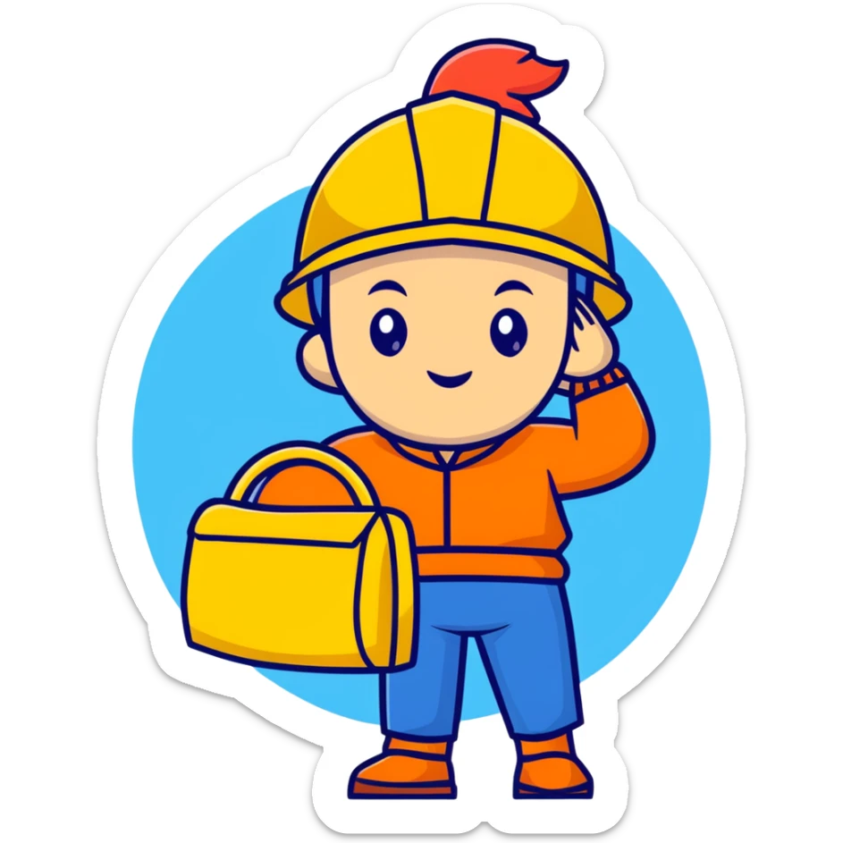 Man of Chinese appearance wearing an orange helmet with a yellow hat visible sticker