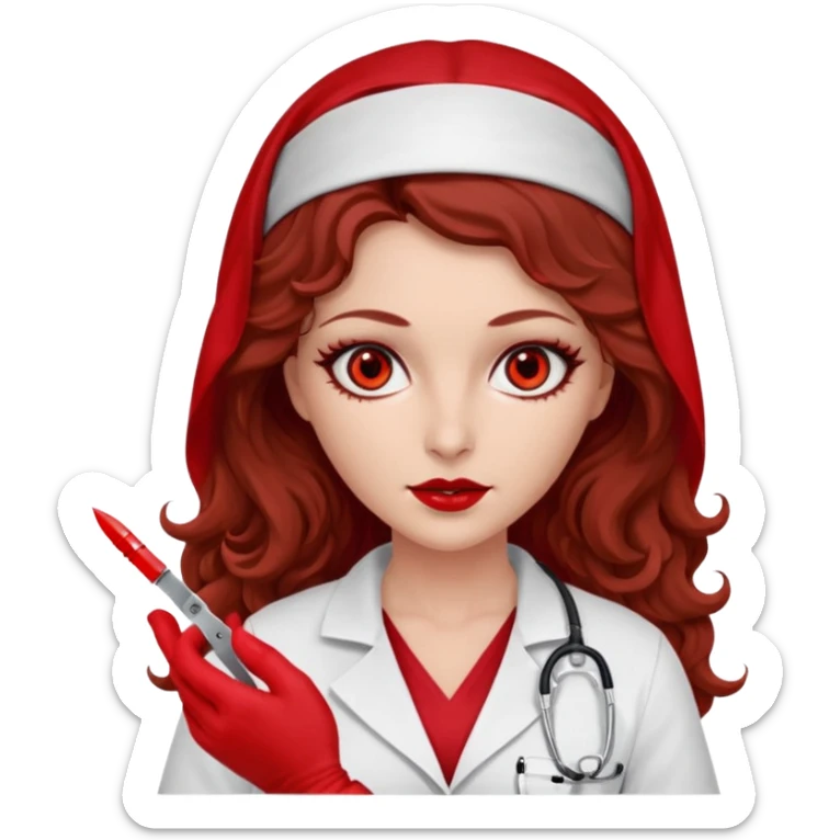 Lilith scalpel in hand, evil surgeon sexy surgeon clothes.  She has red eyes. She brown long curly hair. Wears sexy doctor outfit with red gloves. Wears red burka to hide her identity sticker
