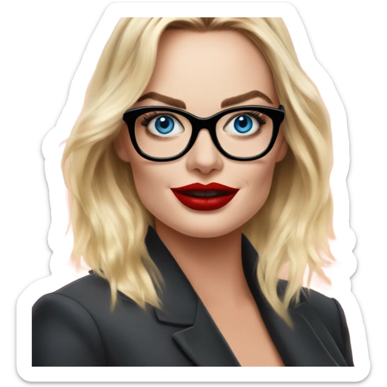 Margot Robbie, bright blue eyes, red kisses, wearing black glasses  sticker