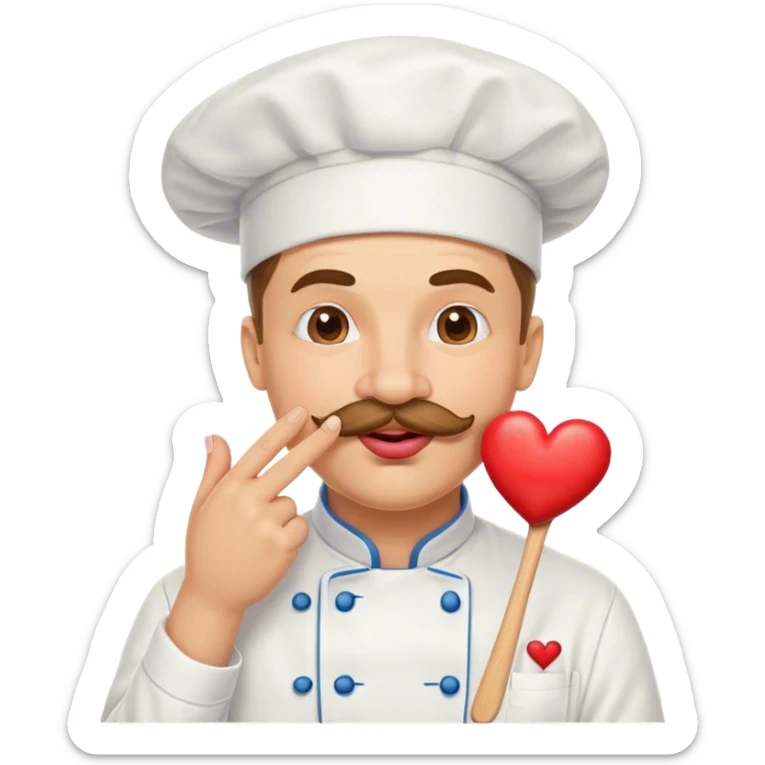 Happy Mustachioed chef with puckered lips kissing his pinched together fingertips hand with a heart emoji sticker