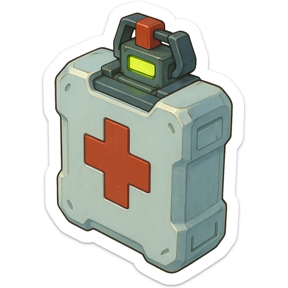 the image is the icon for a videogame insta-use item, it is a medpack- fututistic cyberpunk- resembles a canister with deadswitch, medical military clean plastic, opaque container sticker