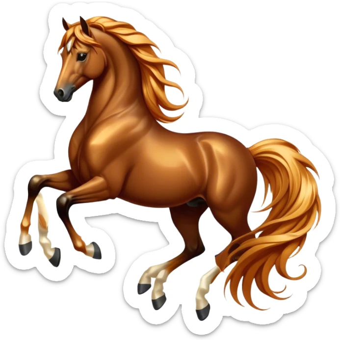 Cinematic Elegant Bay Horse Portrait Emoji, Head held high with a serene, majestic gaze, showcasing a magnificent bay fur with a rich, lustrous sheen, a flowing mane and tail, and radiant amber eyes that exude beauty and grace, Simplified yet majestically refined features, highly detailed, glowing with a soft, ethereal light, high shine, poised and breathtaking, stylized with an air of pure elegance, capturing the essence of a stunning and graceful steed, so beautiful it feels like it could gallop out of the screen with effortless charm! sticker