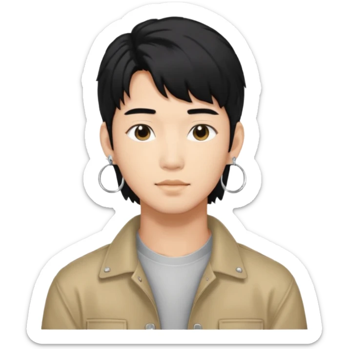 asian male with a black middle part with a kpop mullet and silver hoop earrings sticker