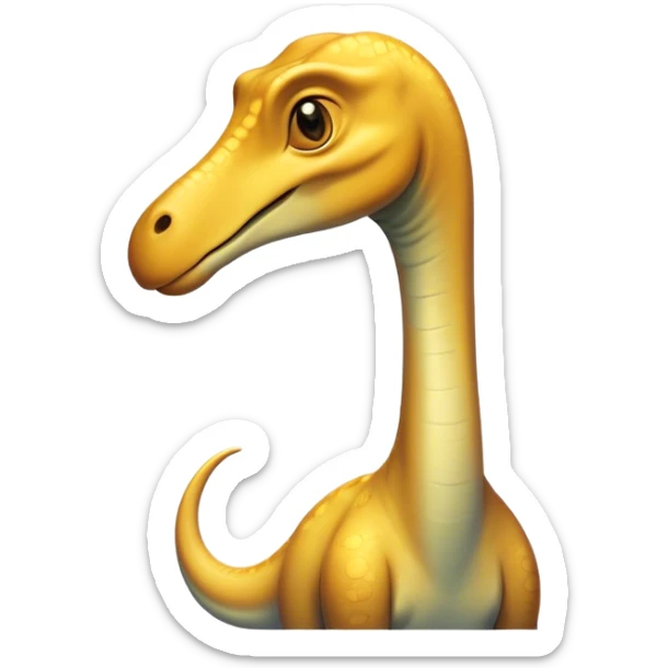 Beautiful and Majestic Brachiosaurus Portrait Emoji, Head and body resting in serene repose with a gentle, confident expression, showcasing its monumental, elongated neck and a small, refined head with tranquil eyes, Simplified yet exquisitely endearing features, highly detailed, glowing with a soft, drowsy golden light, high shine, relaxed and utterly majestic, stylized with an air of timeless prehistoric splendor, soft glowing outline, capturing the essence of a beautiful and majestic Brachiosaurus that feels destined to become the next viral icon of awe-inspiring ancient beauty! sticker