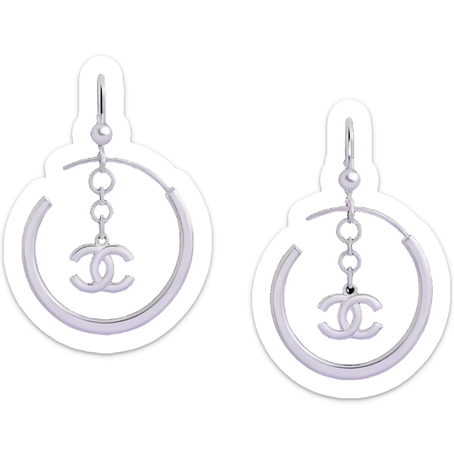 3D emoji-style hoop earrings with dangling silver Chanel logos, glossy and luxurious sticker